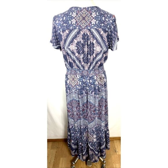 Knox Rose Midi Dress Size Large Rayon Short Sleeve Navy Blue/White Floral Boho - Picture 5 of 7